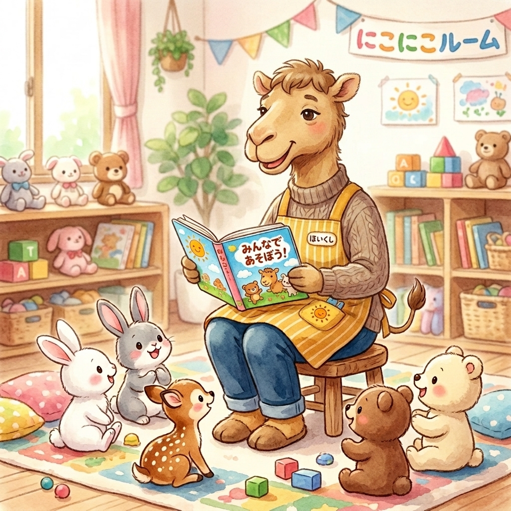 らくだ園長がにこにこルームで子供動物たちに絵本を読み聞かせている心温まるイラスト