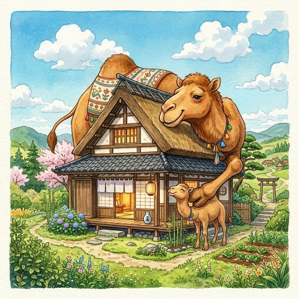 大きな優しいらくだが、お家をそっと包んで守っている温かい水彩画イラスト
