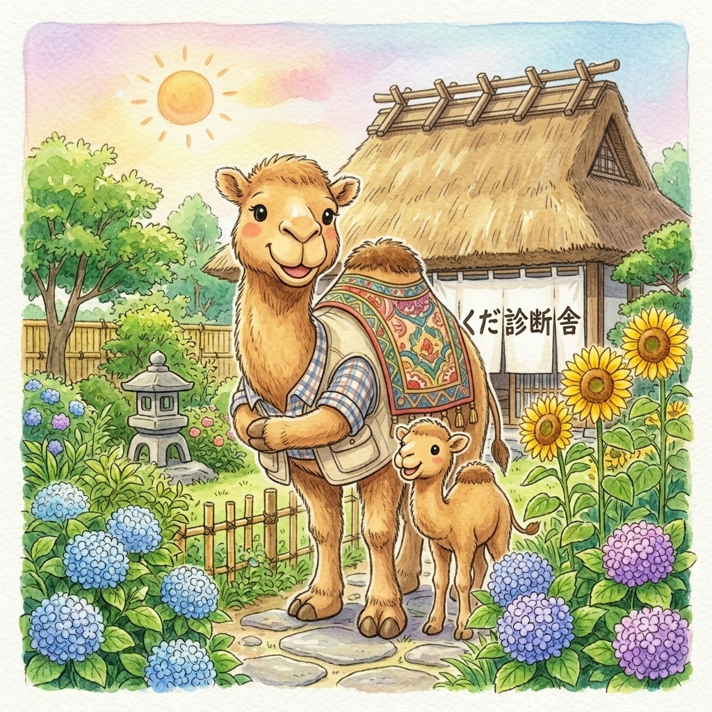 お家と子どもを優しく守る親子のらくだのイラスト
