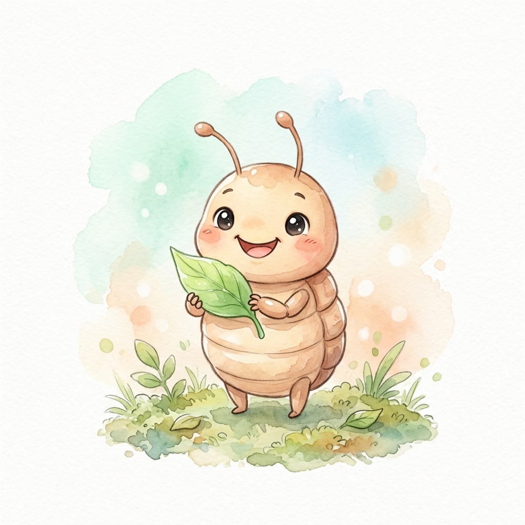 可愛いシロアリマスコットが葉っぱを持っているイラスト