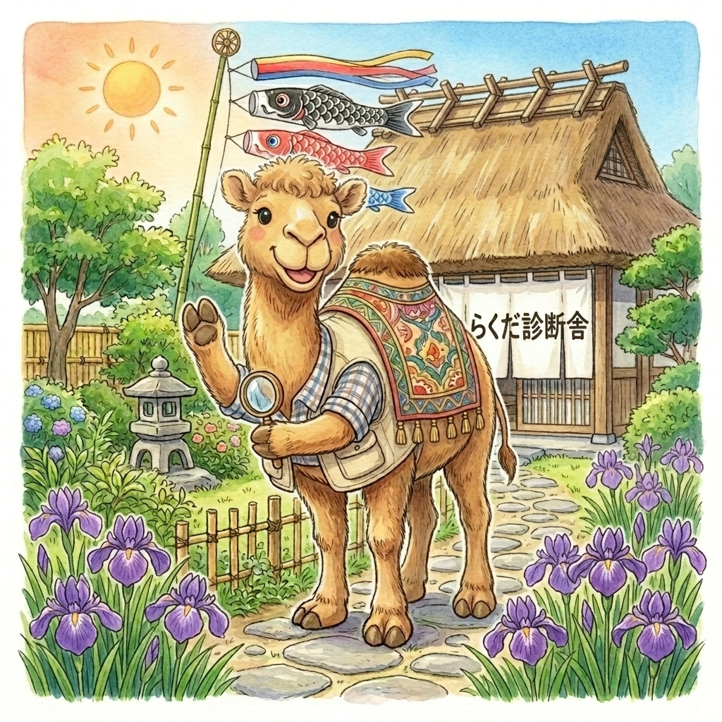 らくだインスペクターが虫眼鏡でお家を優しく調査しているイラスト