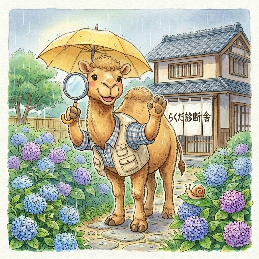 らくだインスペクターが虫眼鏡でお家を優しく調査しているイラスト