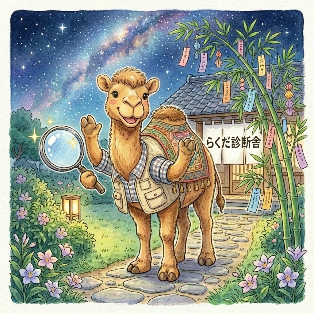 らくだインスペクターが虫眼鏡でお家を優しく調査しているイラスト