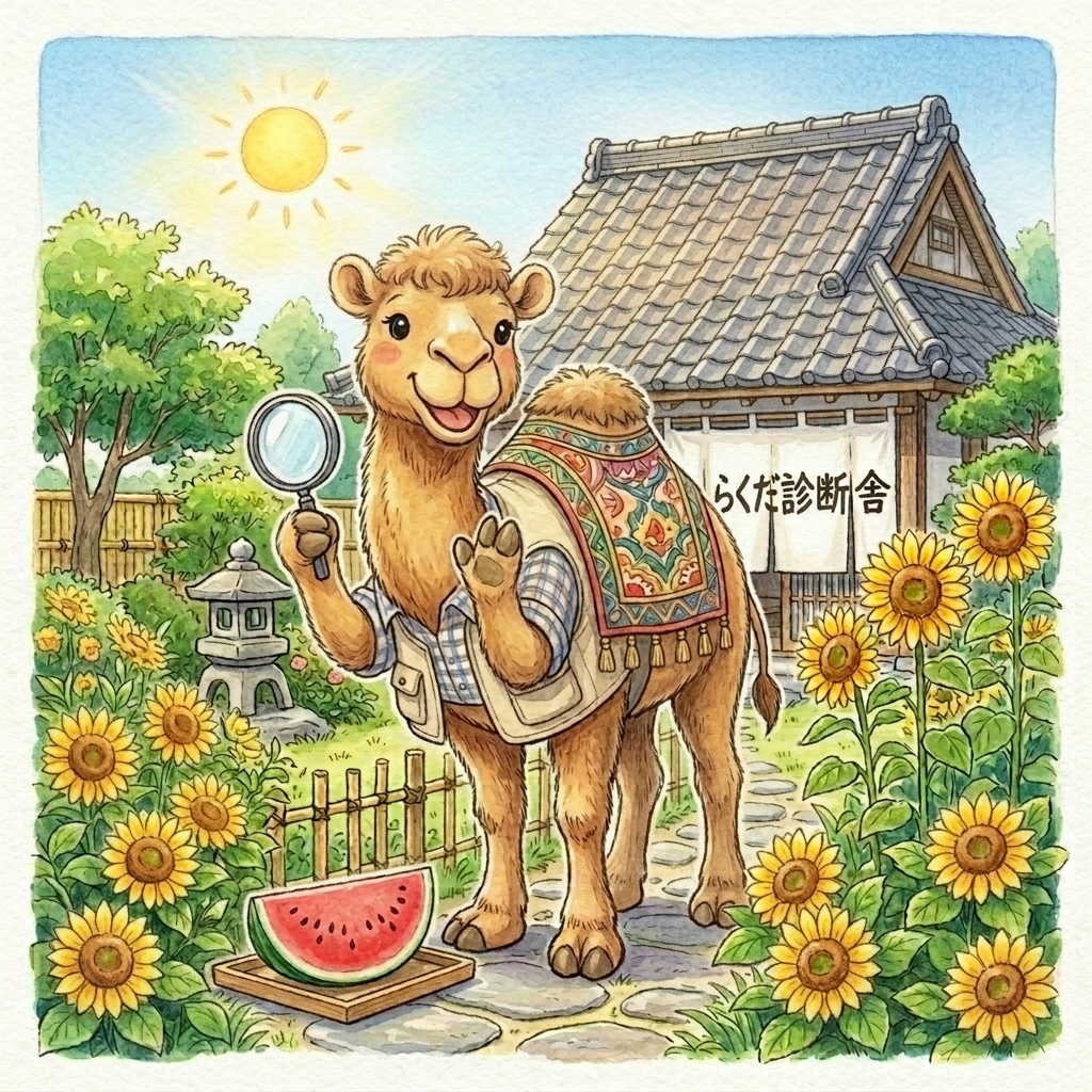 らくだインスペクターが虫眼鏡でお家を優しく調査しているイラスト